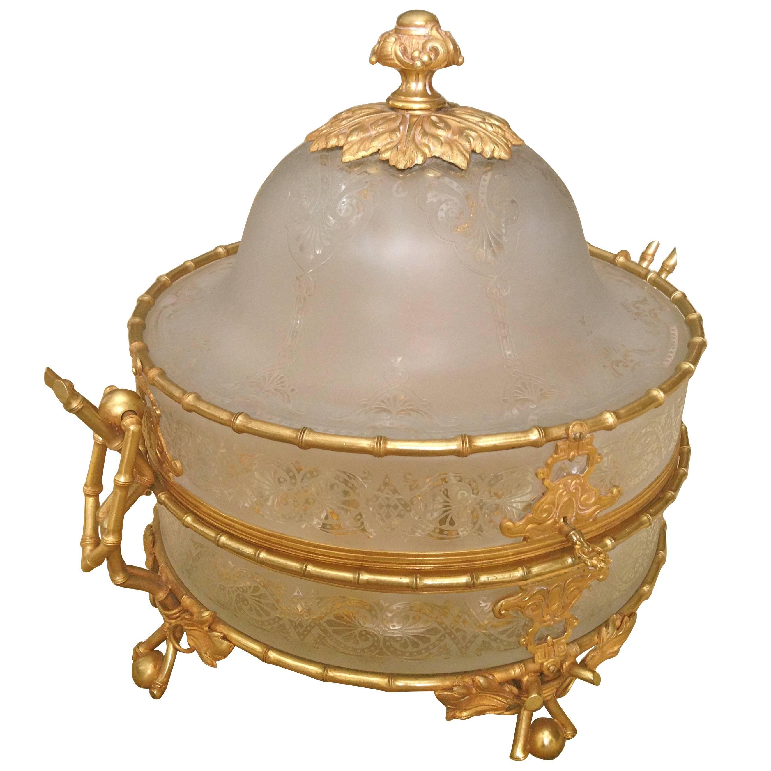 French 19th Century Tantalus, Acid Etched Crystal and Gilt Bronze Mounts For Sale