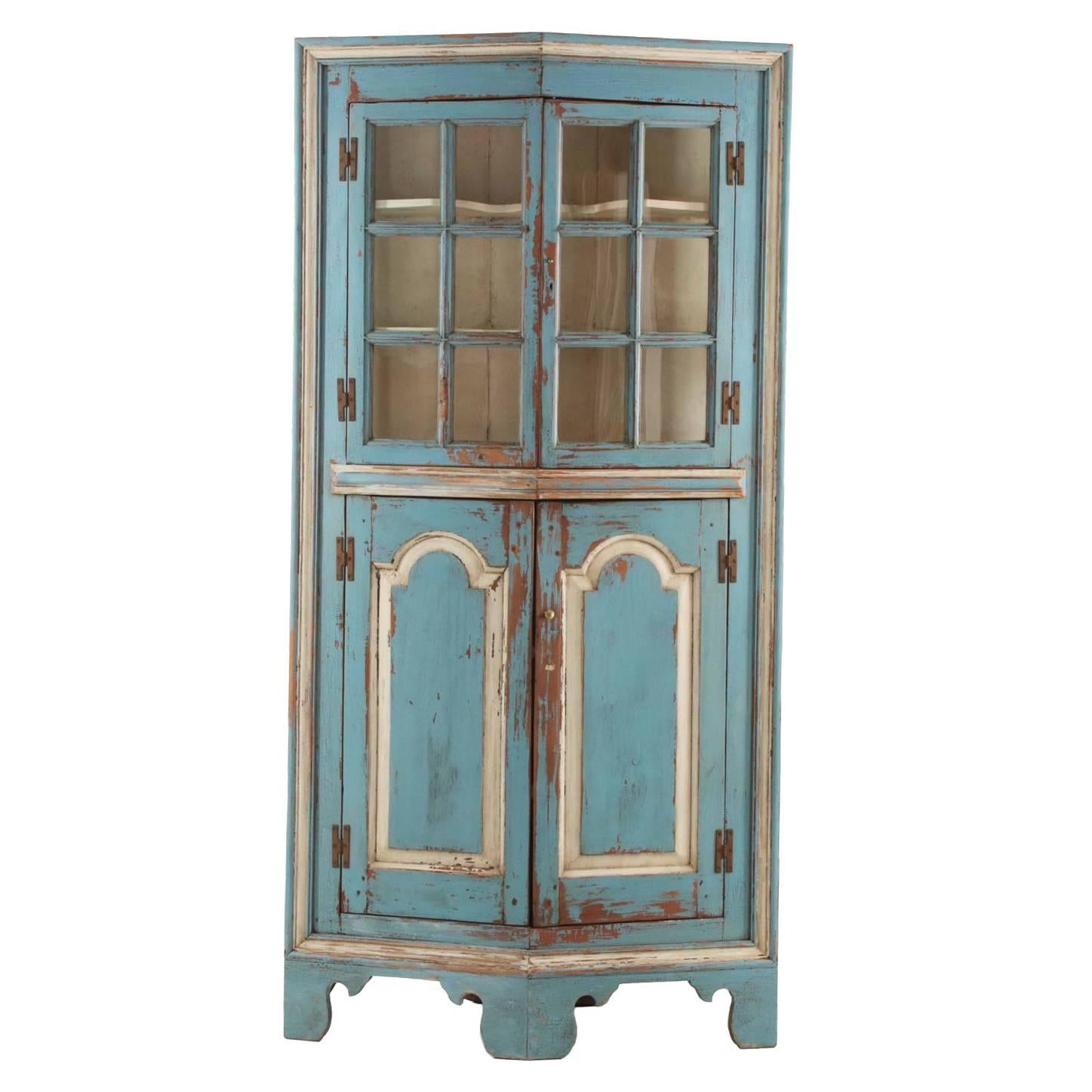19th Century American Blue Painted Corner Cabinet in Eastern Shore style