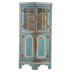 Antique 19th Century American Blue Painted Corner Cabinet in Eastern Shore style