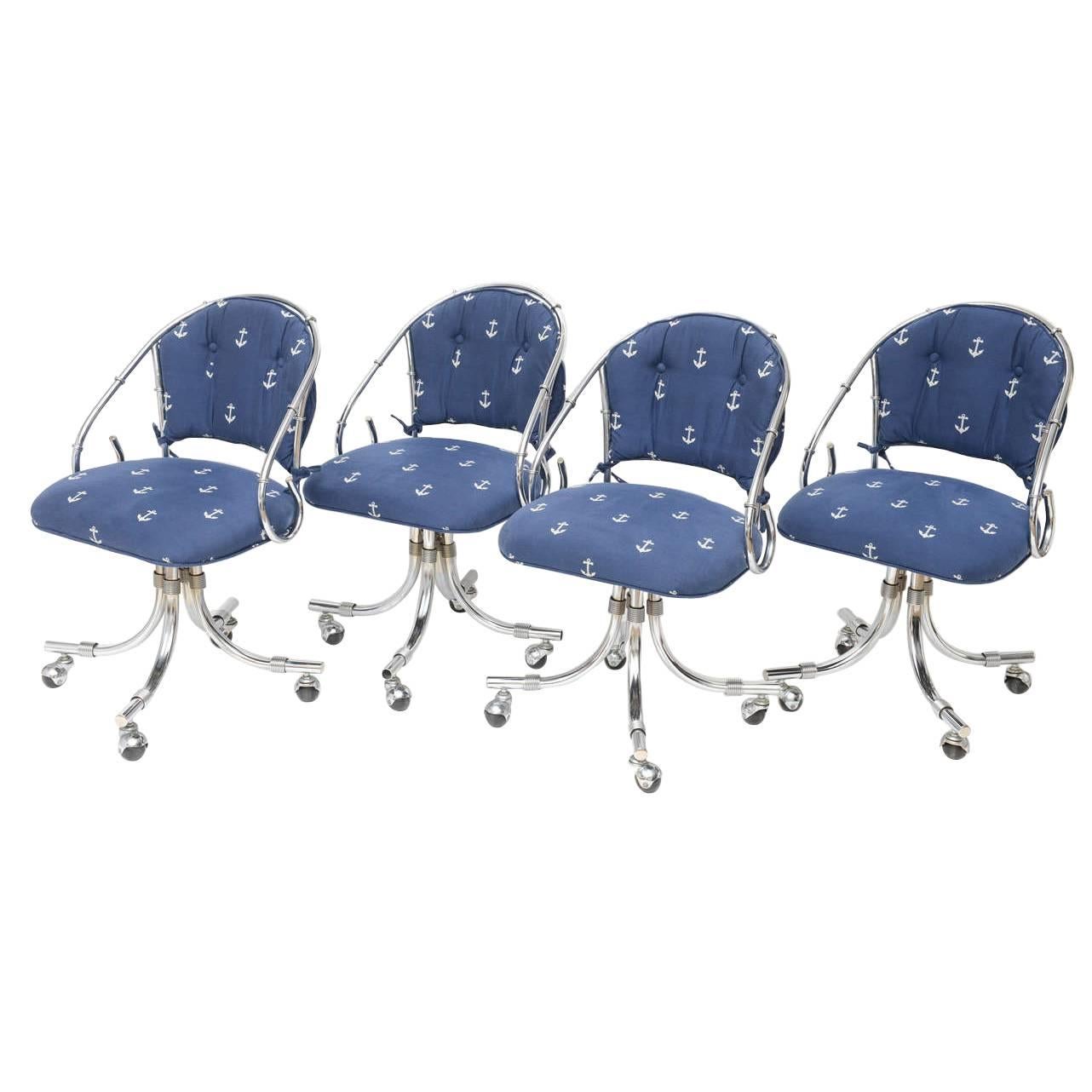 Four Chrome Swivel Chairs in Nautical Upholstery 