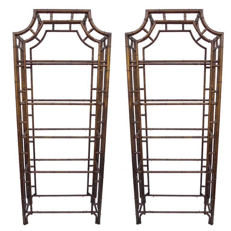 Pair of Chinese Chippendale Pagoda Style Faux Bamboo Etagere