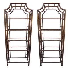 Pair of Chinese Chippendale Pagoda Style Faux Bamboo Etagere