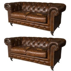 Retro Pair of English Georgian Style Chesterfield Sofa Settees