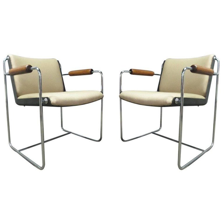 Pair of Unique, Wood and Chrome Armchairs For Sale at 1stdibs