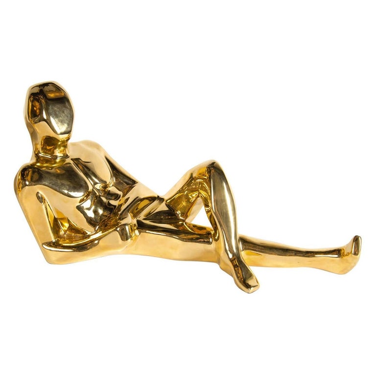 Modernist Ceramic Gold-Plated Reclining Man Sculpture by Jaru For Sale
