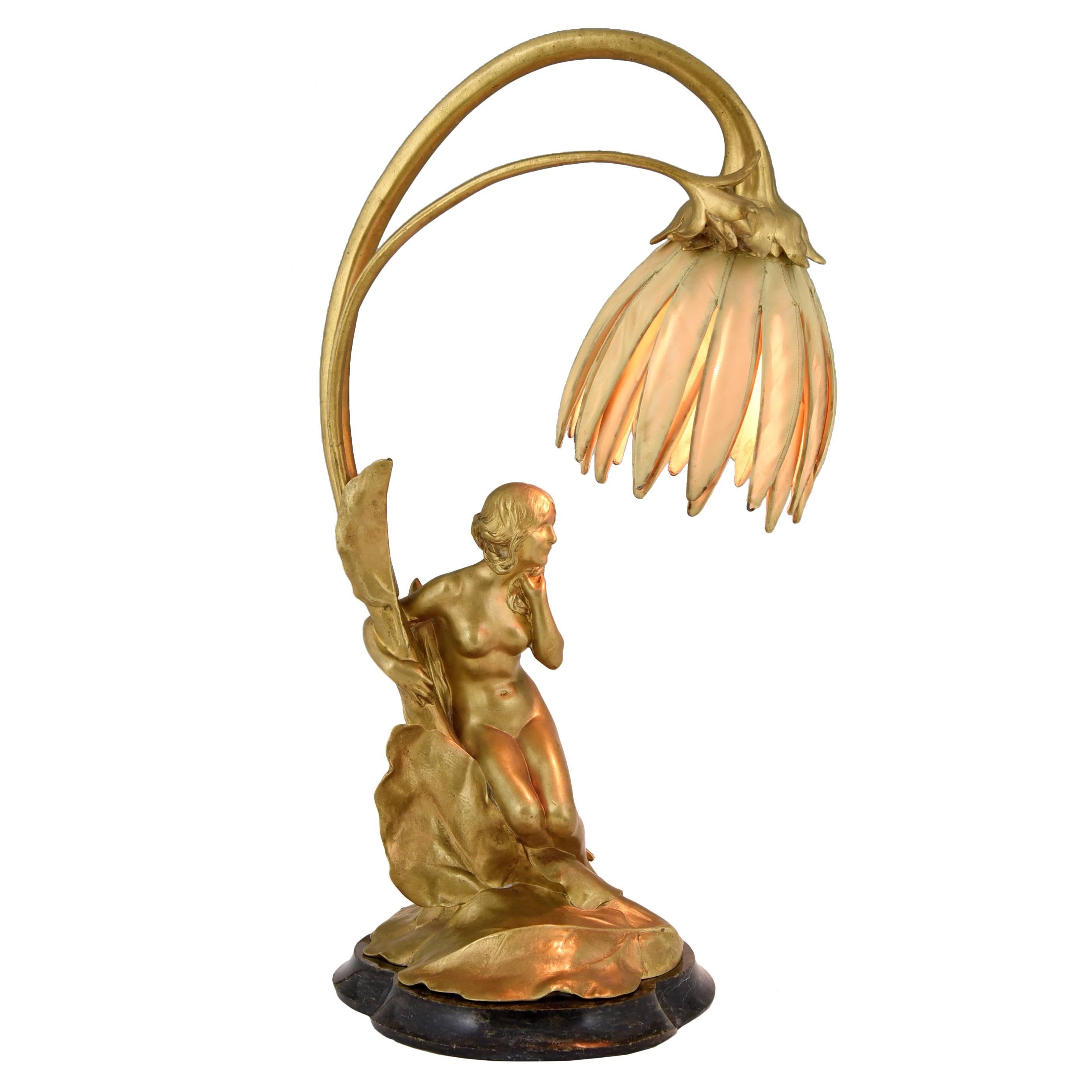 Art Nouveau Gilt Bronze Lamp with Nude by Maurice Bouval, Colin Foundry 1900