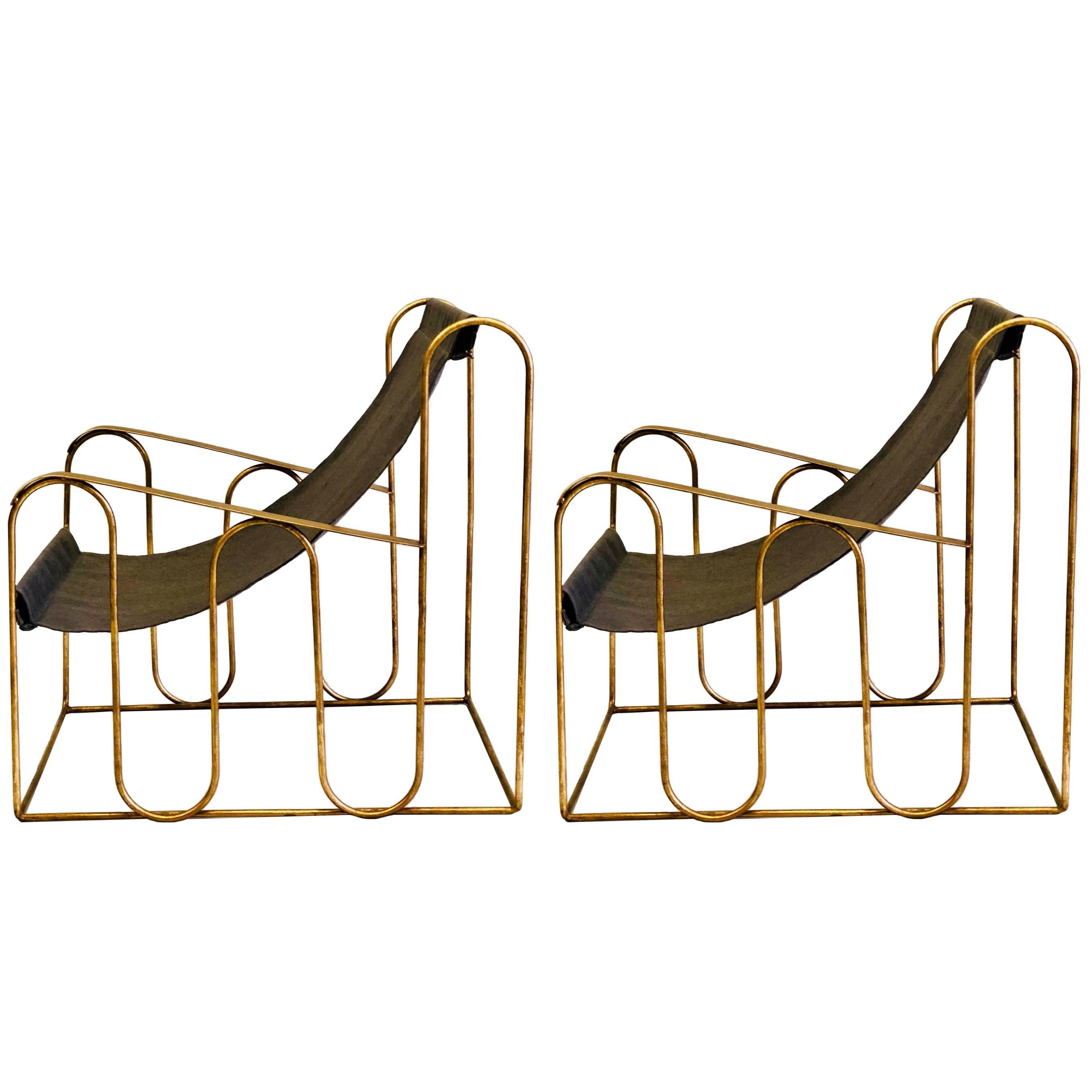 Pair of French Mid-Century Modern Gilt Iron Lounge Chairs, Jean Royere
