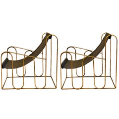 Pair of French Mid-Century Modern Gilt Iron Lounge Chairs, Jean Royere