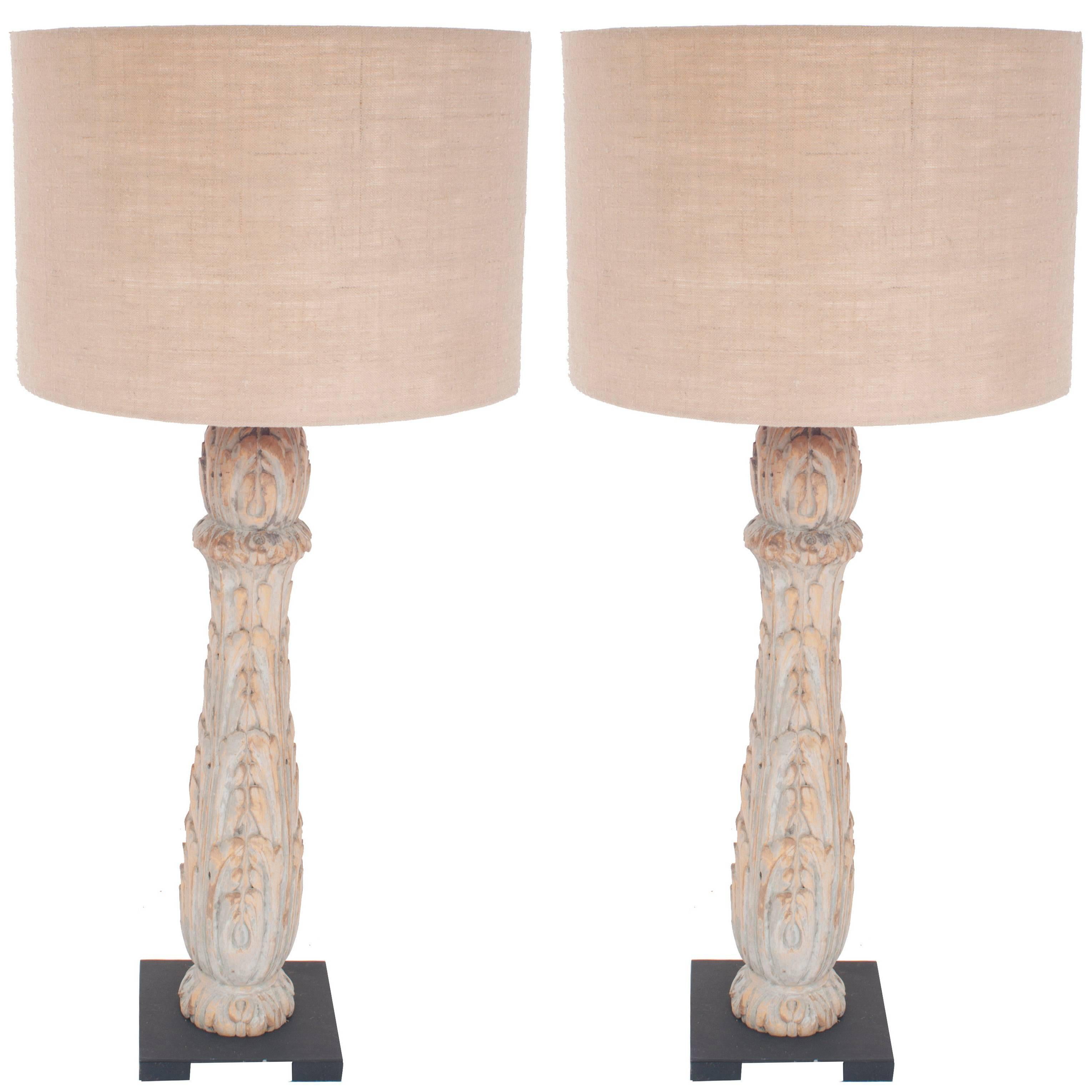 Pair of Neoclassical Finial Shaped Painted Carved Wood Lamps at 1stDibs