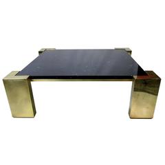 Monumental Italian Modernist Brass Coffee Table with Inset Marble Top 