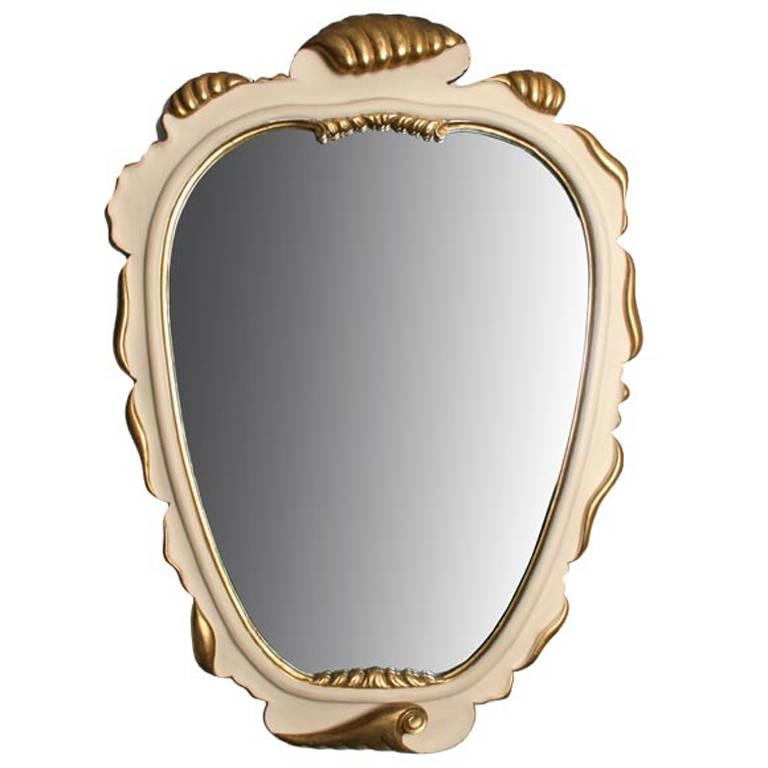 Dorothy Draper Style Cream and Gold Gilt Carved Wood Shell Mirror For Sale