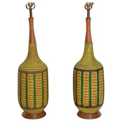 Monumental Pair of Aldo Londi for Bitossi Olive Geometric Ceramic Table Lamps