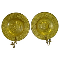19th Century Pair of French Polished Brass Plaque Sconces