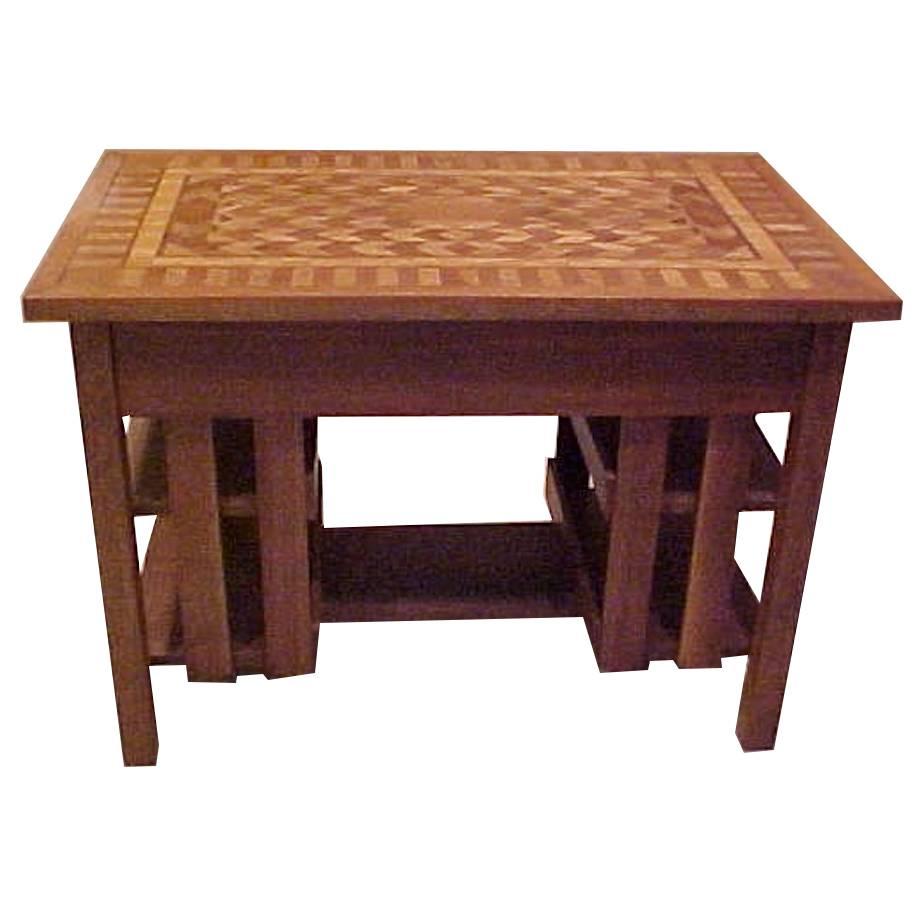 Superb Stickley Style Mission Desk Writing Library Table Marquetry Top For Sale