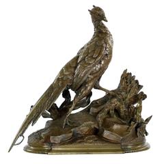 Grande Sculpture en bronze de Jules Moigniez "Faisan & Stoat" (en anglais)