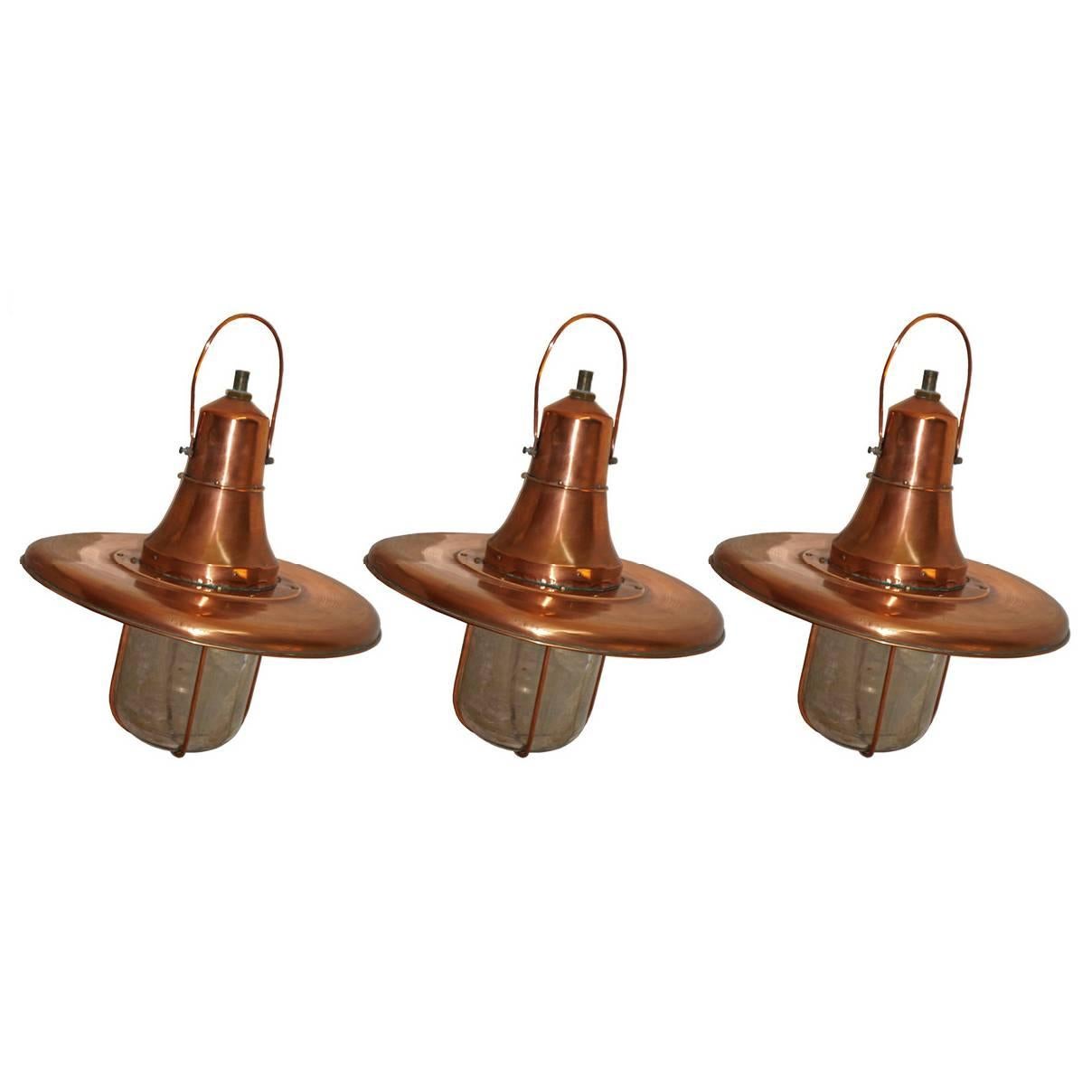 Set of Three 20th Century Hanging Copper Pendant Lights For Sale