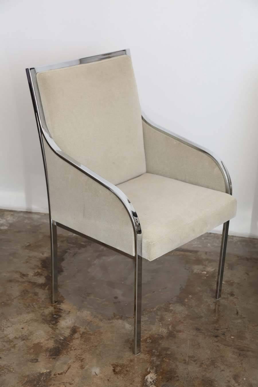 Set of Six Pierre Cardin Style Chrome Frame and Tan Felted Wool Dining Chairs For Sale 5