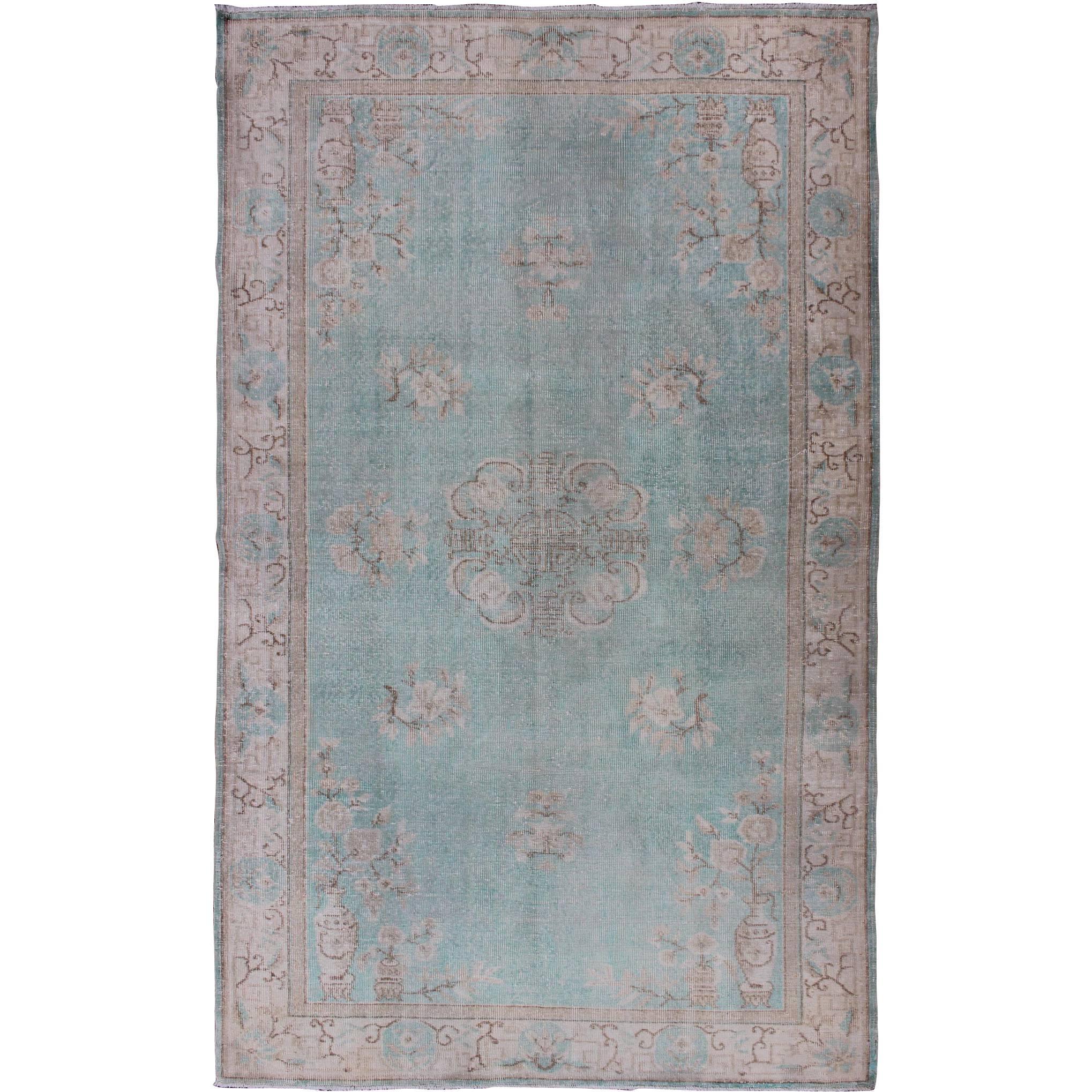 Vintage Turkish Rug with Khotan Design in Sea Foam Blue, Taupe and Light Brown
