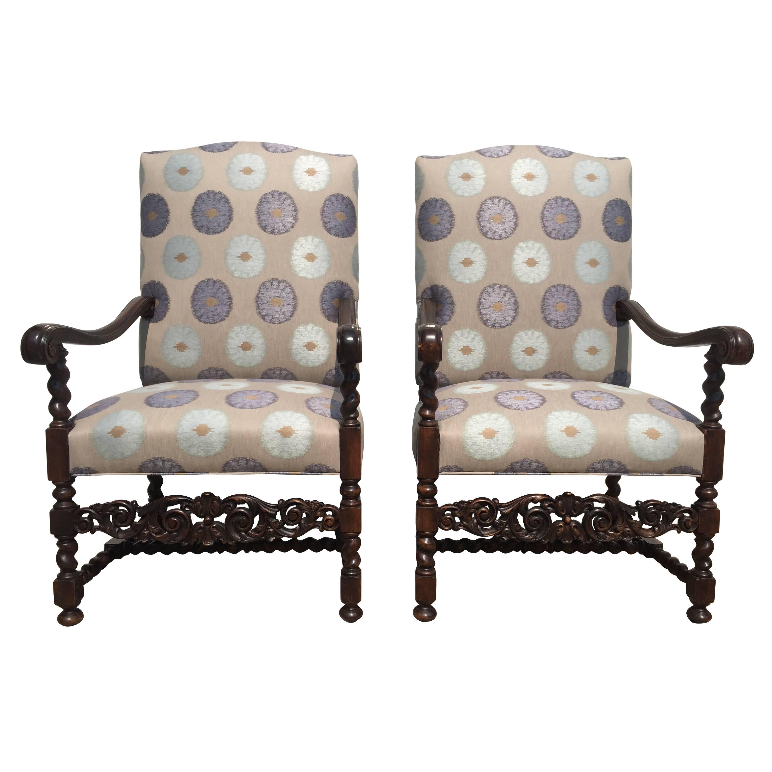 Chateau Chairs, French, 1880s Carved Walnut Frame with Mokum Fabric Restored For Sale
