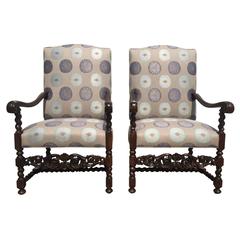 Antique Chateau Chairs, French, 1880s Carved Walnut Frame with Mokum Fabric Restored