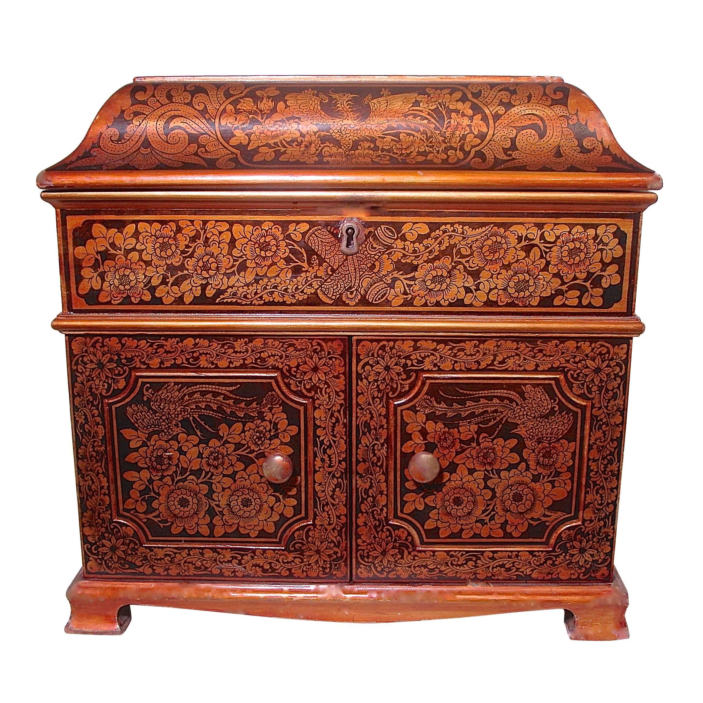 19th Century Large Chinoiserie Penwork Box Table Chest w. Mother-of-Pearl Inlay For Sale