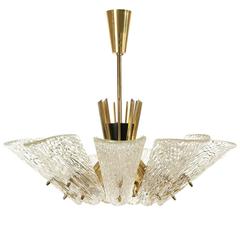 Large J.T. Kalmar Chandelier, Brass Textured Glass, Austria, 1950s