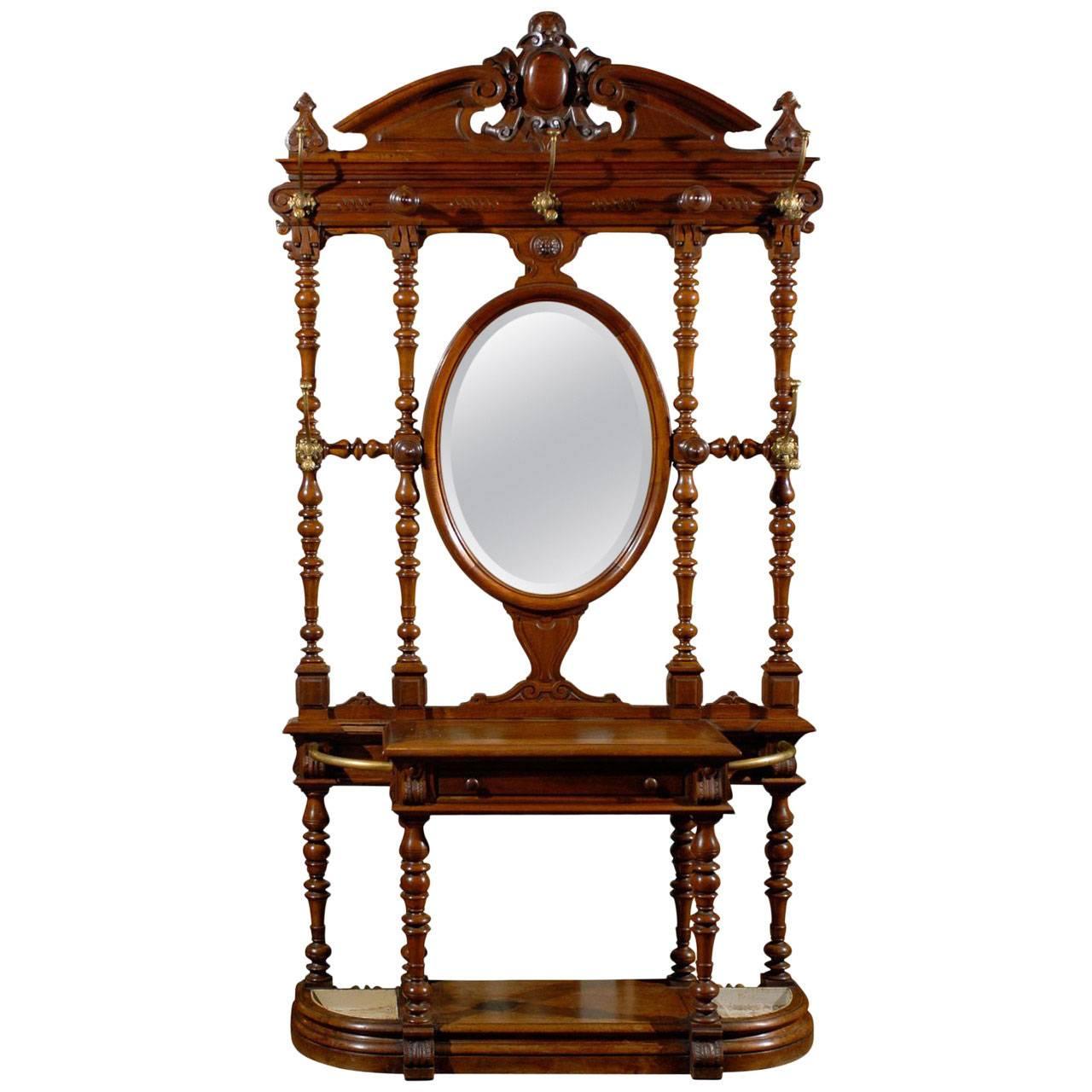 French Walnut Hall Tree with Central Mirror For Sale