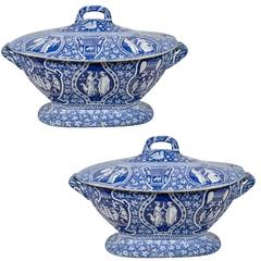 Antique A Pair of Copeland Spode Blue and White Neoclassical Soup Tureens