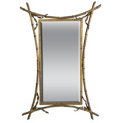 Miroir français en métal doré et faux bambou