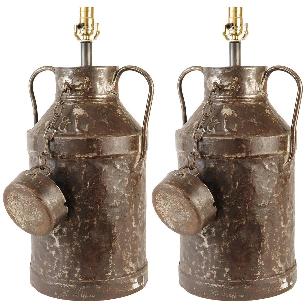 Pair of Metal French Milk Can Lamps