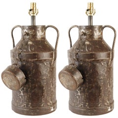 Antique Pair of Metal French Milk Can Lamps