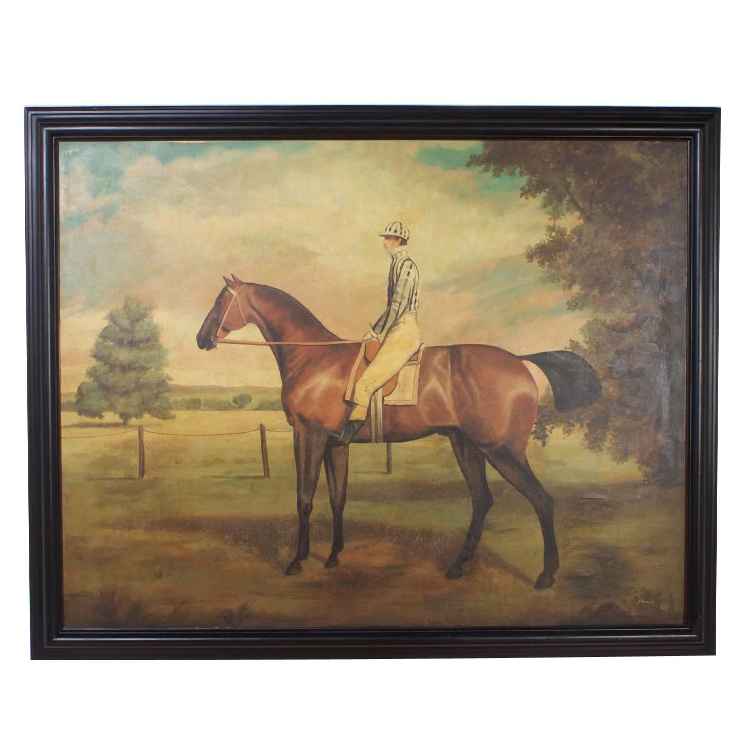Large Horse and Jockey Oil on Canvas Painting