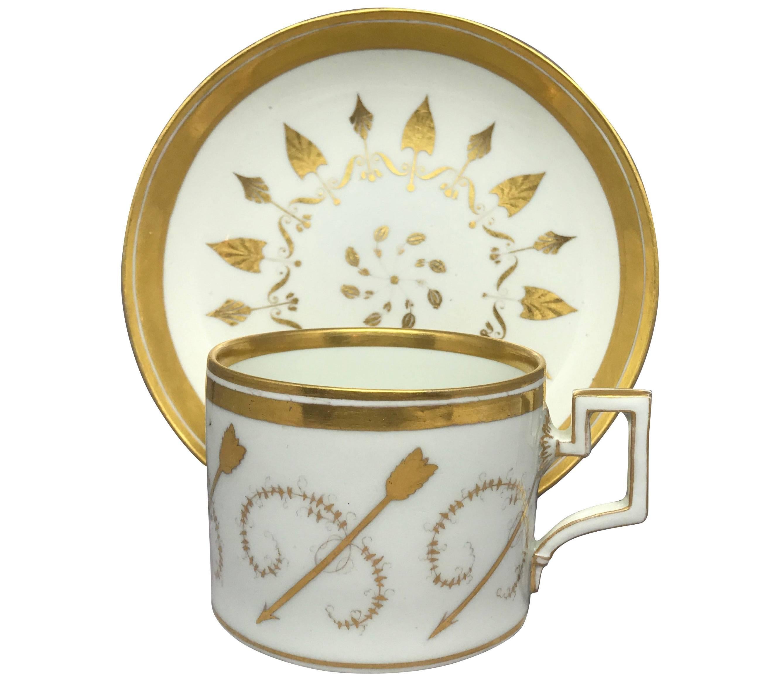 White and Gilt Neoclassical Arrow Cup & Saucer For Sale