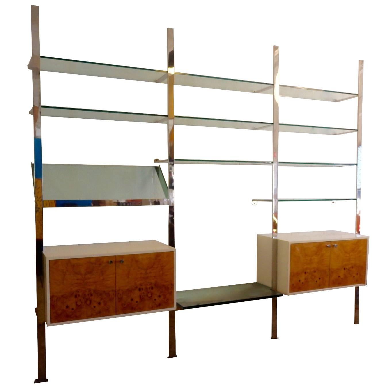 Stainless Steel Pace Wall Unit with Lacquered Burl Wood Cabinets For Sale