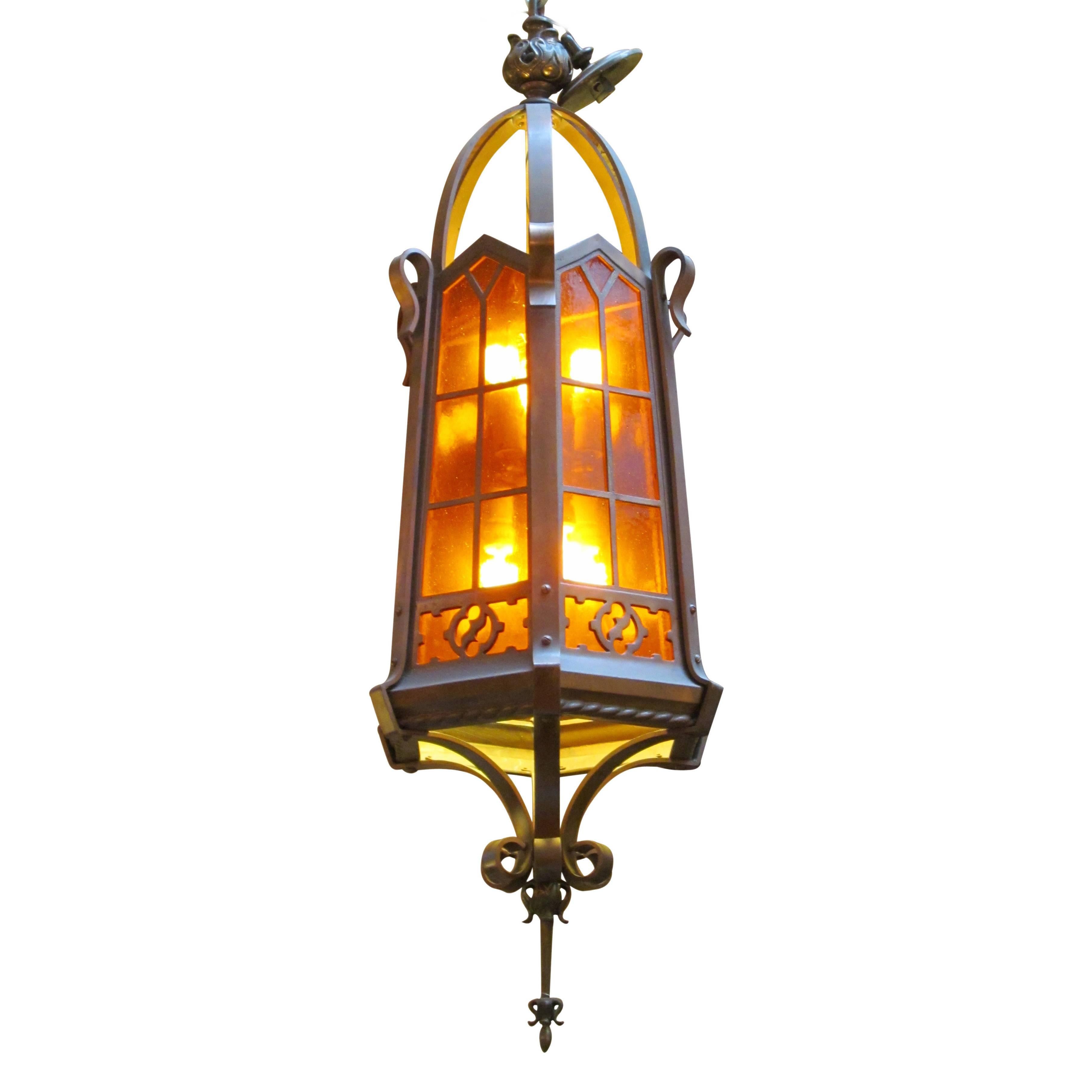 1900s Large Bronze Arts & Crafts Six-Light Lantern Pendant with Original Canopy
