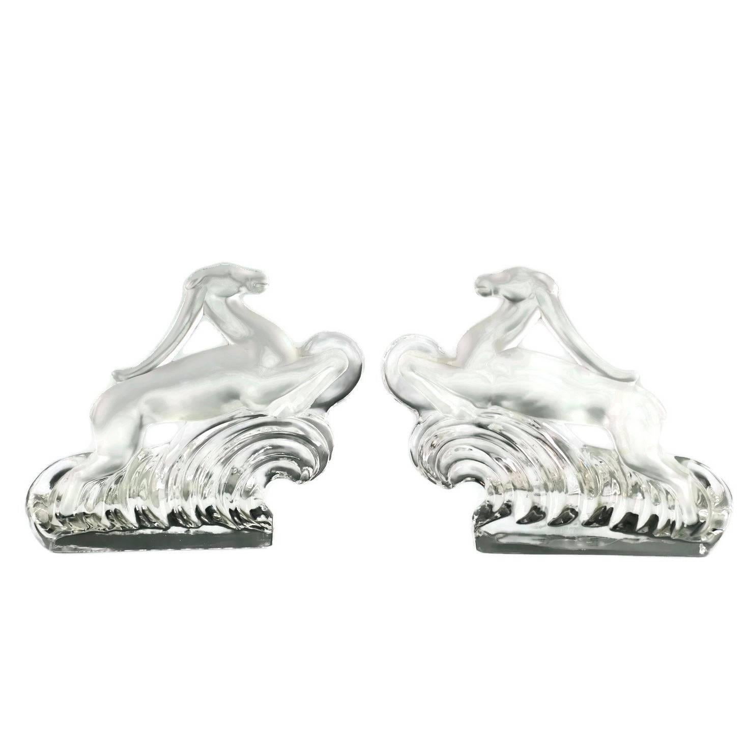 Steuben Glass Gazelle Bookends, Polished and Matte Form