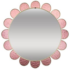 Midcentury Flower Burst Mirror with Pink Glass Petals