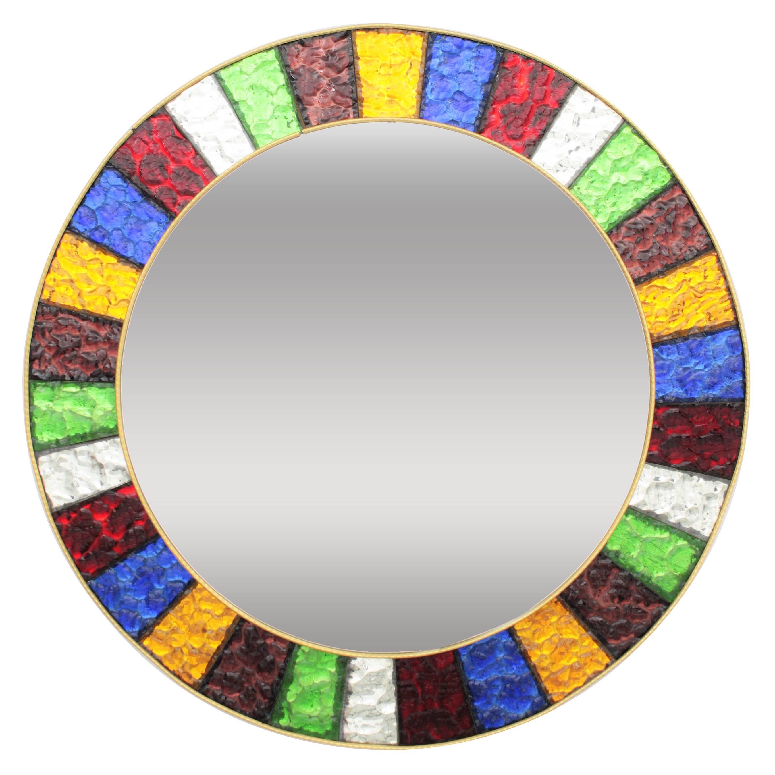 Mid-20th Century Colorful Blue Red Green Gold Glass Framed Circular Mirror