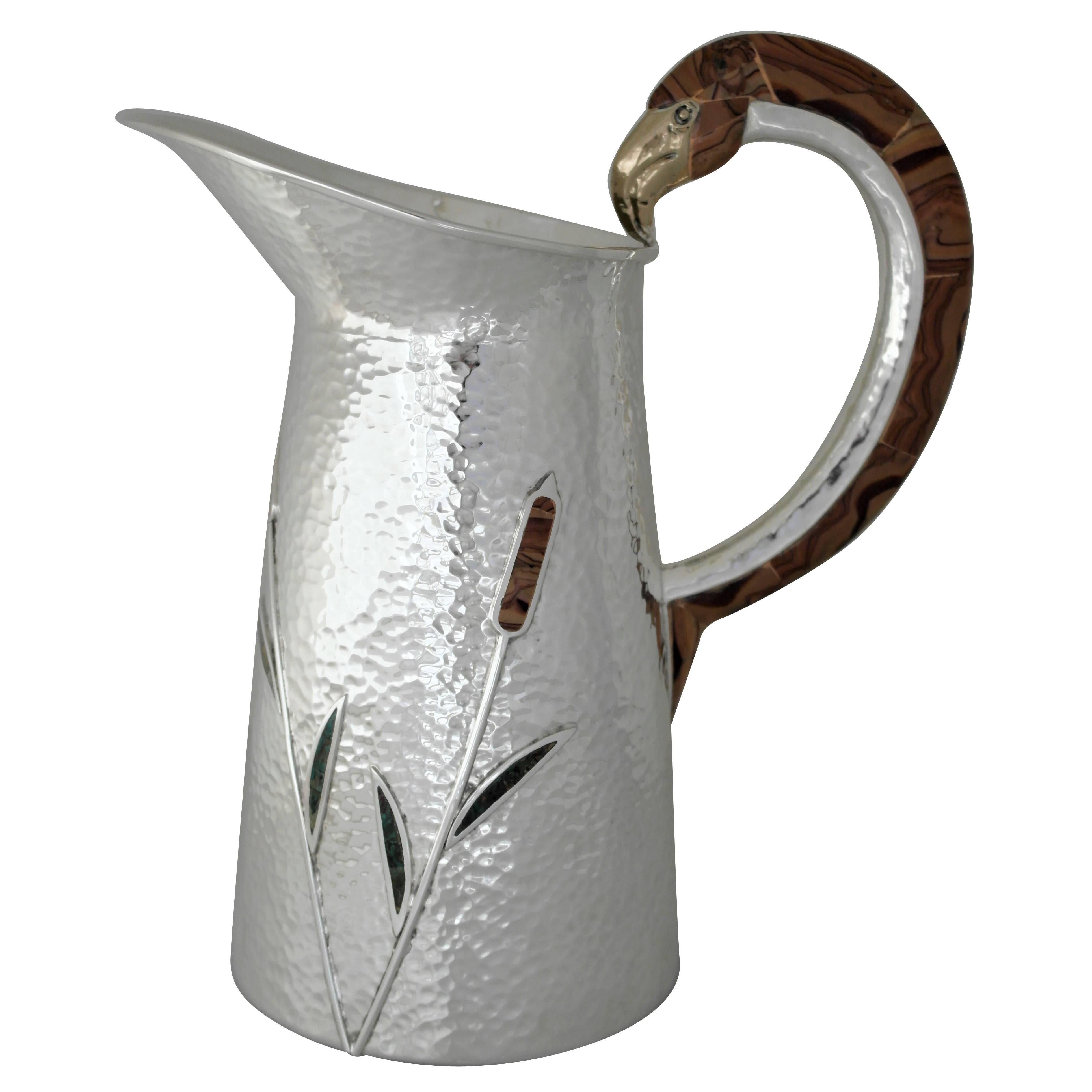 INCREDIBLE Mixed Metal Stone Castillo Hand-Wrought Silver Plate Pitcher, 1990 For Sale