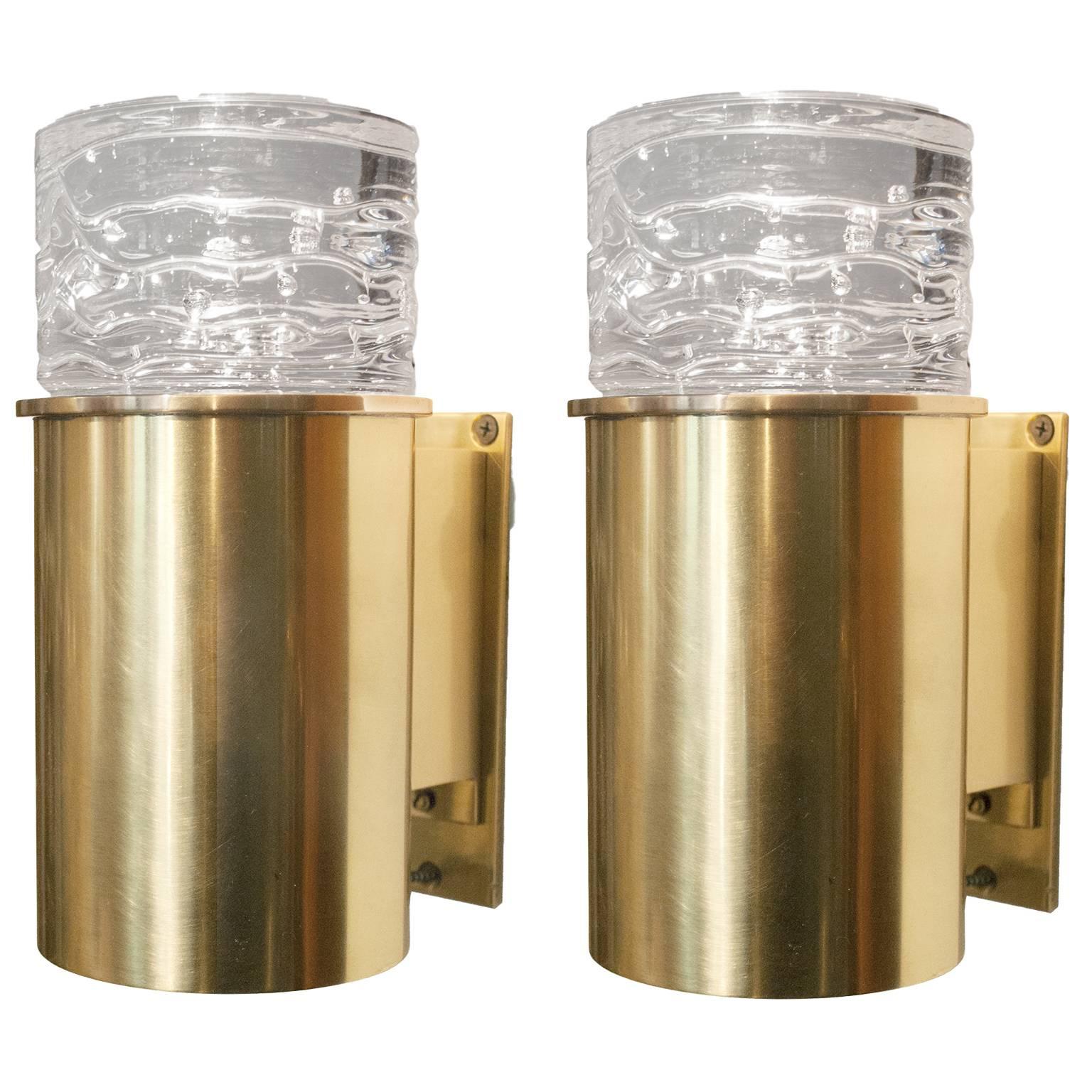 Scandinavian Modern Polished Brass Cylindrical Sconces with Solid Crystal Tops For Sale