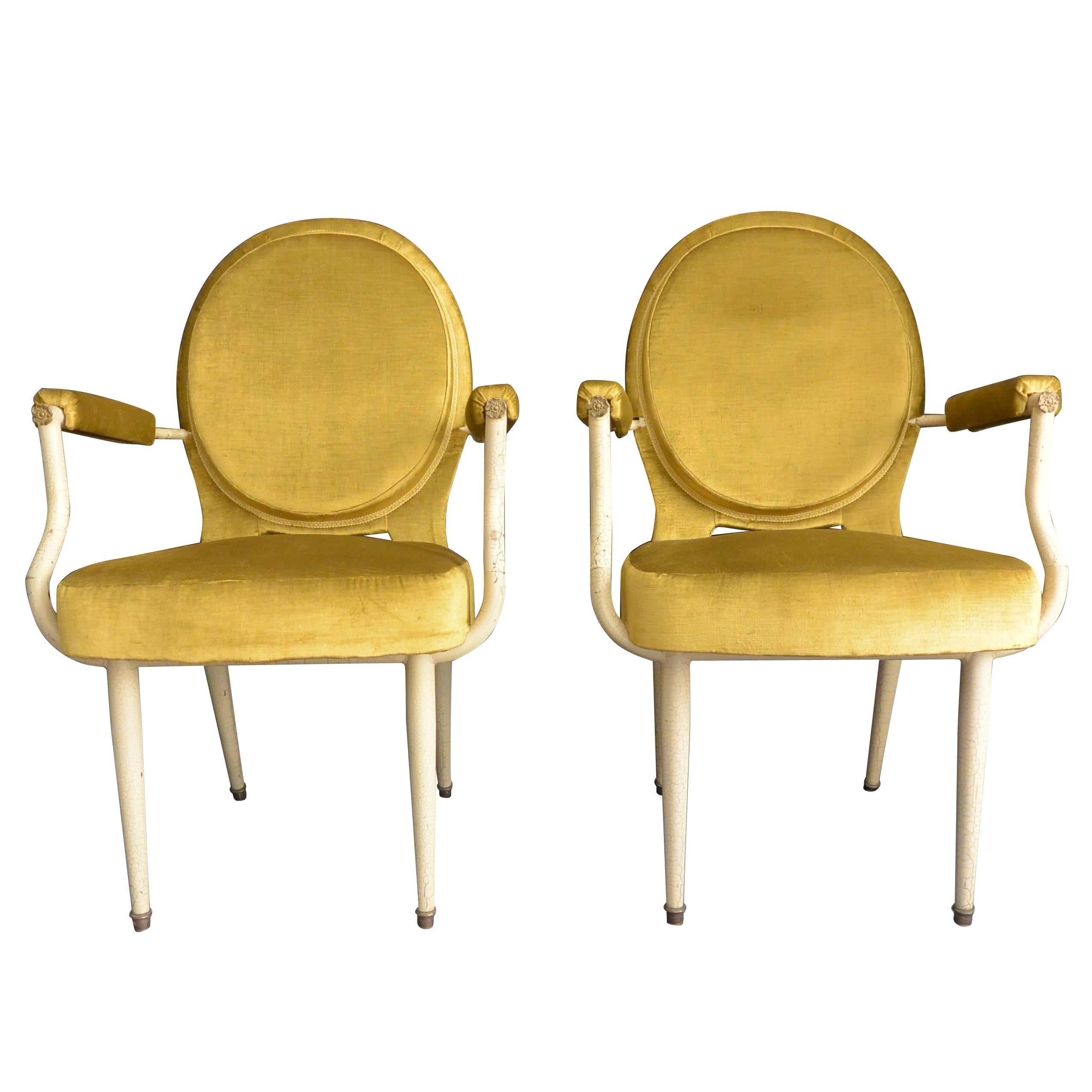  Pair Louis XVI Style Armchairs in Yellow Velvet