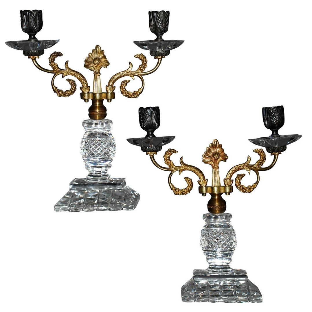 Pair of Regency Crystal, Ormolu and Bronze Candlesticks For Sale