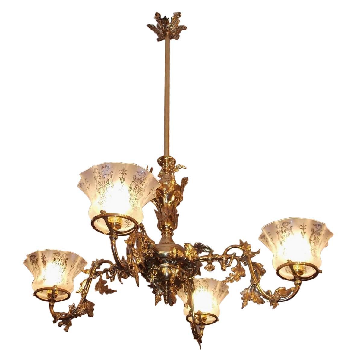 American Brass Floral Gasolier with Original Frosted Globes, Circa 1860