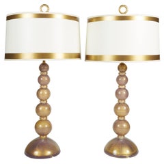 Pair of Heavy Gold and Lavender Mid-Century Murano Glass Lamps