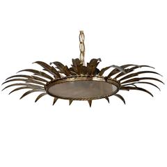 Spanish Vintage Gilt Metal Crown Shaped Light Fixture with Frosted Glass