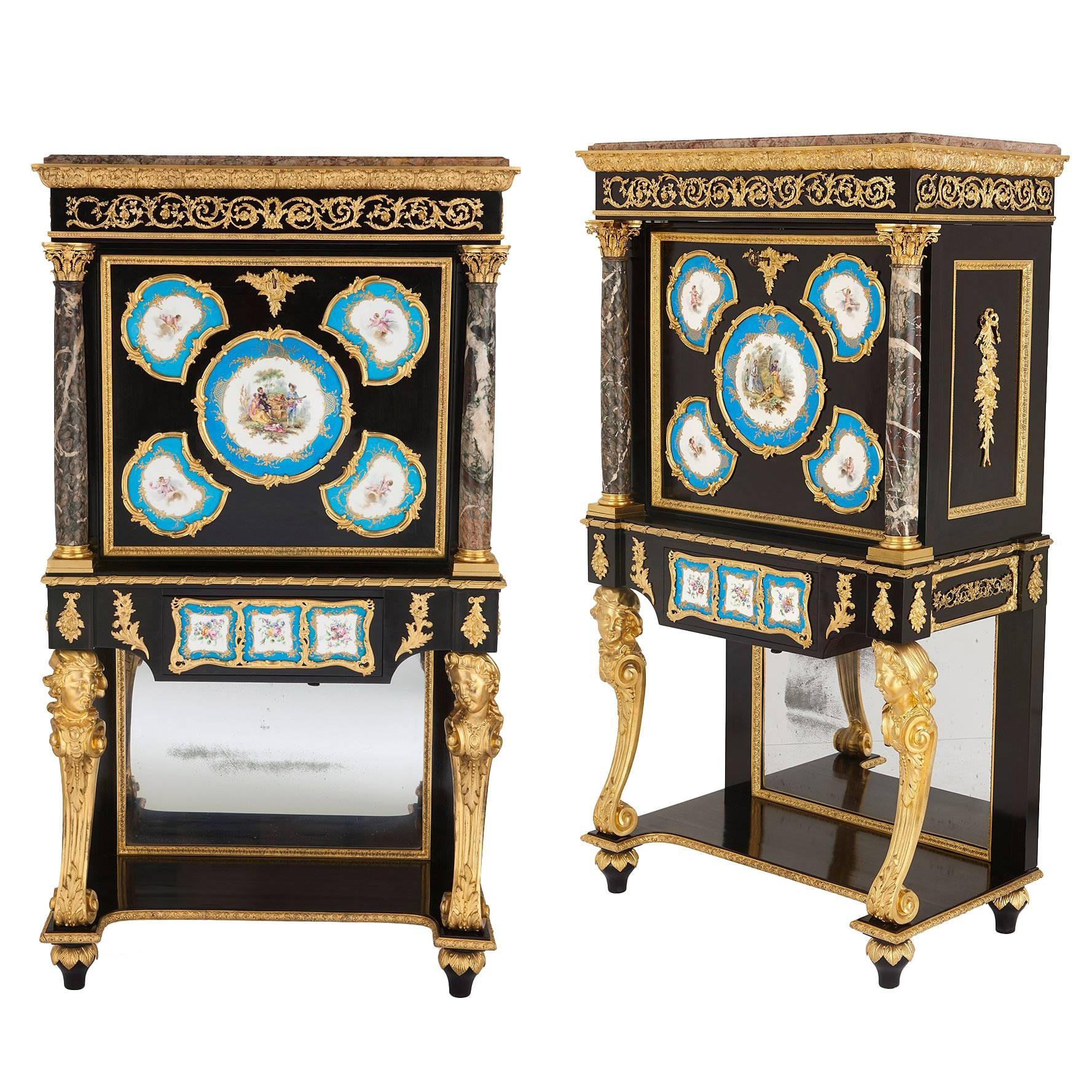 Pair of Victorian Ormolu, Marble and Porcelain Secretaires