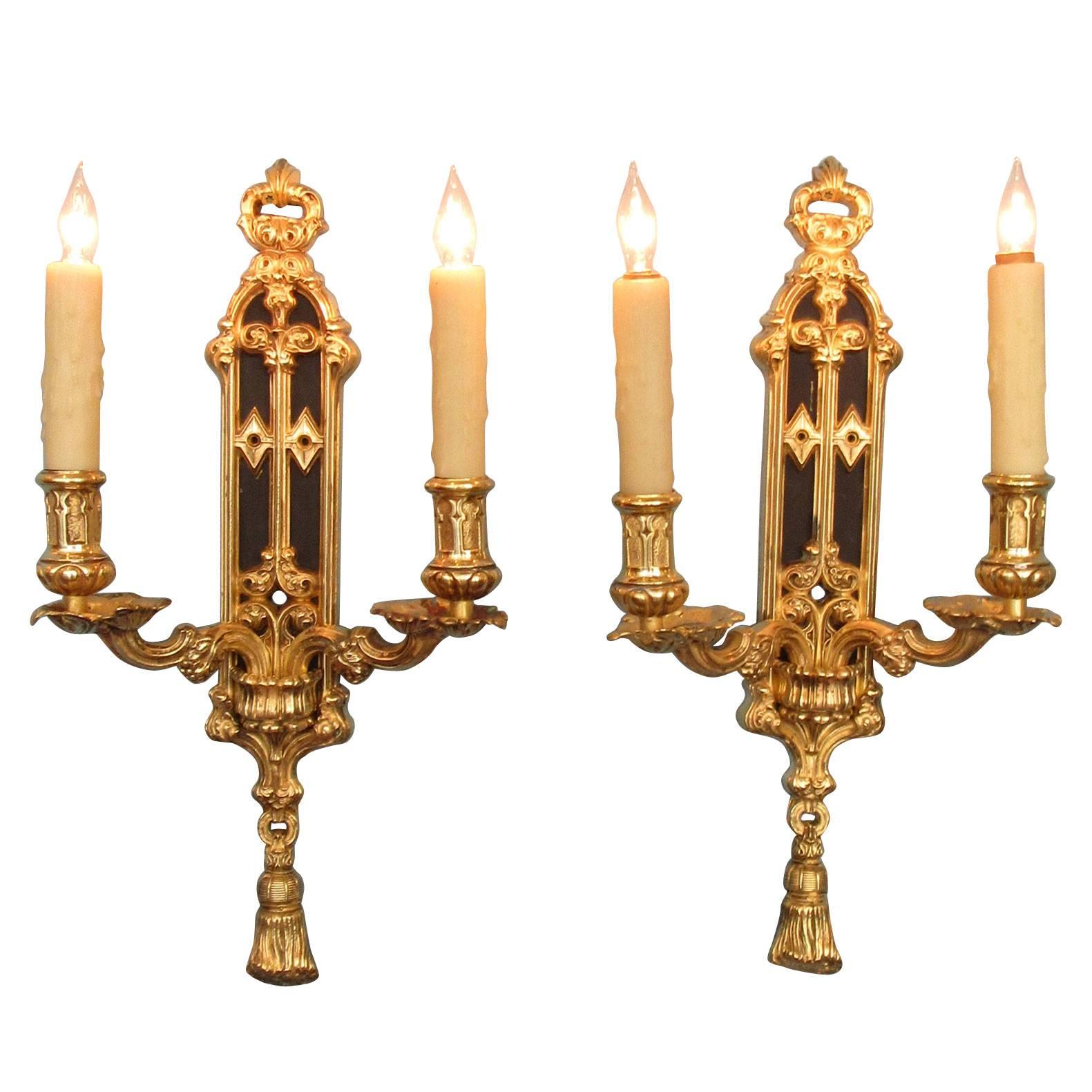 Pair of Mid 19th C English Gothic Bronze Doré and Patinated Sconces