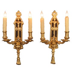Antique Pair of Mid 19th C English Gothic Bronze Doré and Patinated Sconces