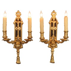 Pair of Mid 19th C English Gothic Bronze Doré and Patinated Sconces