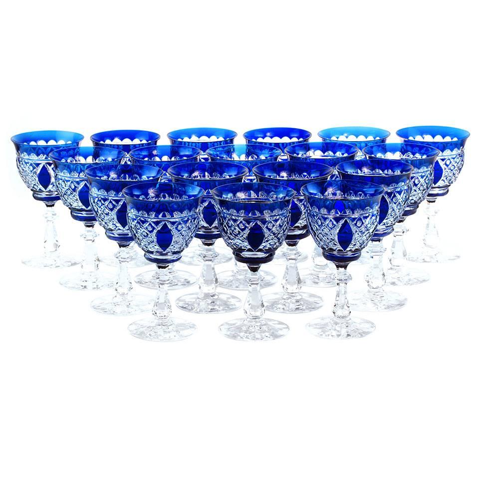 18 Val St. Lambert Cobalt Blue Water Goblets, Stemware